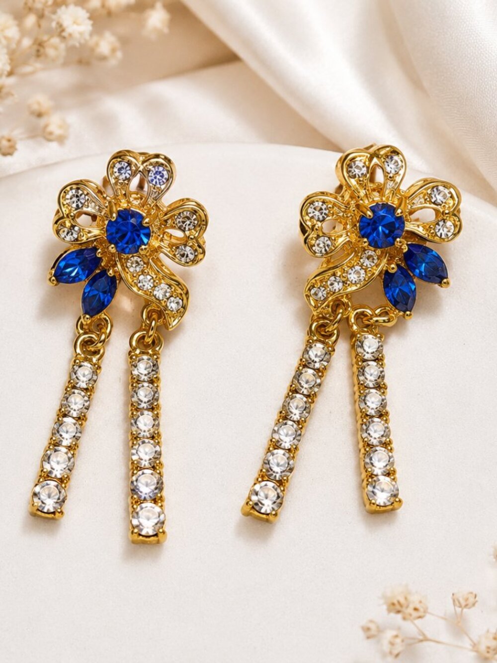 Women’s Floral Crystal Dangle Earrings – Gold Plated with Blue Rhinestones